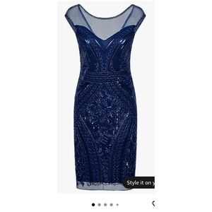 NWT Vijiv Navy Blue Sequin Beaded Flapper Dress Art Deco Gatsby Party XL NEW